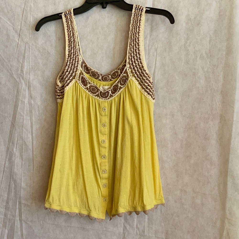Bohemian Yellow and Brown Women's Sleeveless Top with crocheted detail